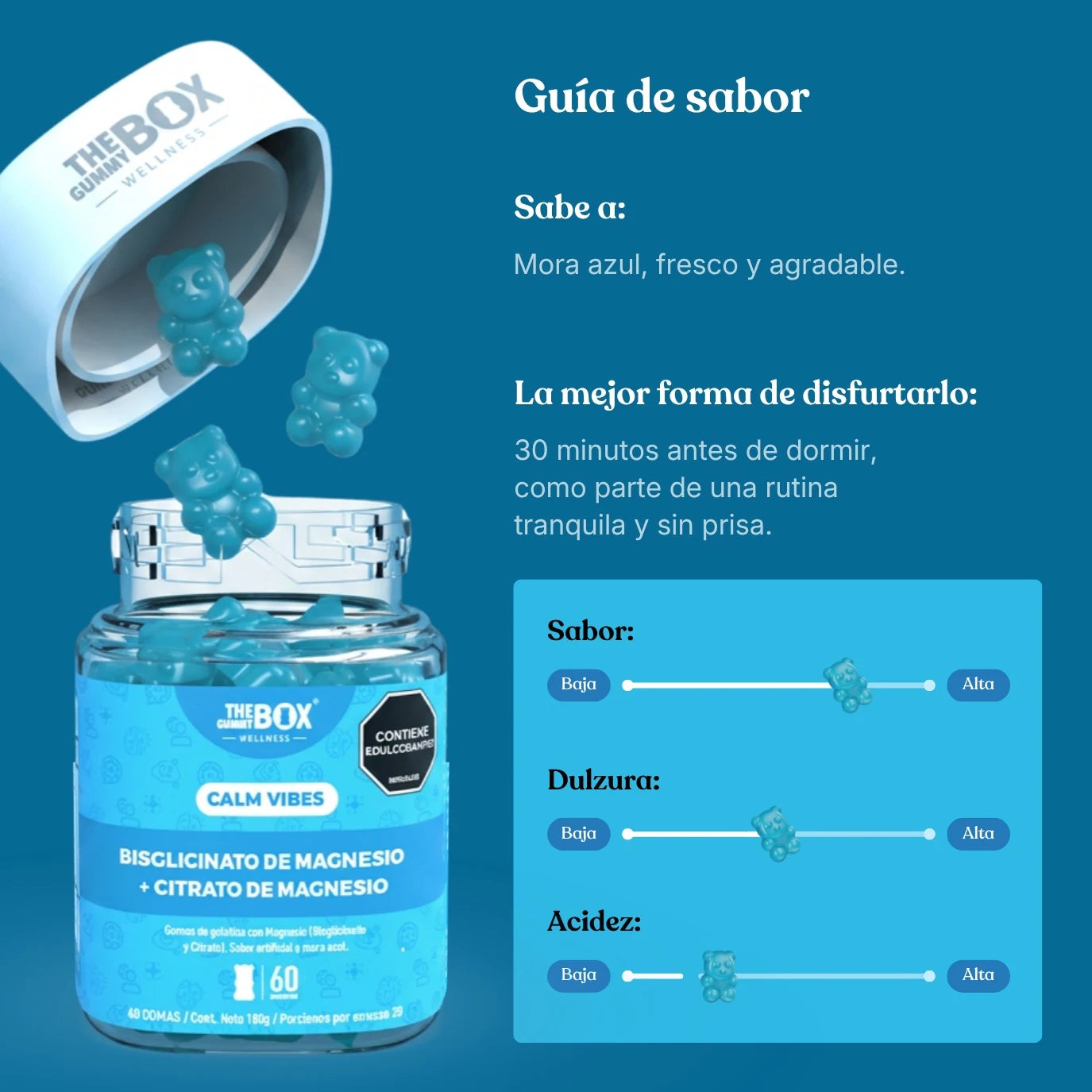Sabor mora azul de Calm Vibes Bisglicinato de Magnesio en Gomitas